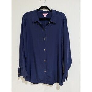 Lilly Pulitzer Navy Blue Long Sleeve Button Up Blouse Xl Gold Buttons